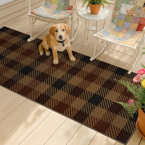 JTJ 2x6 Outdoor Runner Rug for Patio - Kitchen Runners Non Skid Washable 6ft - Vintage Easy Jute Runner for Indoor Entrance, Mudroom, Washable Carbin Brown and Red Checkered Elegence Décor 2
