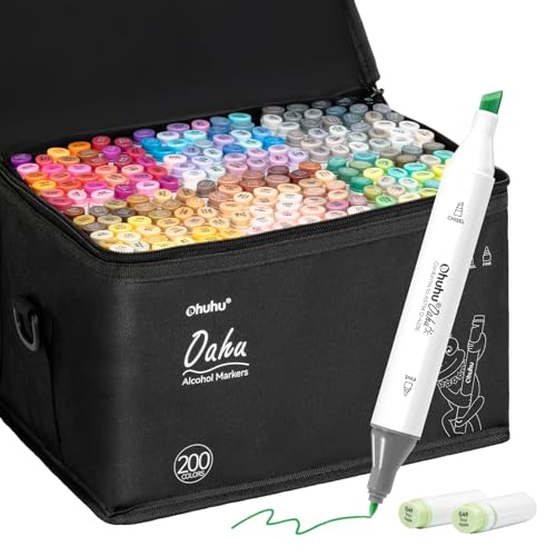 Ohuhu Alcohol Markers 200 Colors - AP Certificated Double Tipped Art Marker Set for Artists Adults Coloring Sketch Illustration - Chisel and Fine Dual Tips - Oahu of Ohuhu Markers - Refillable