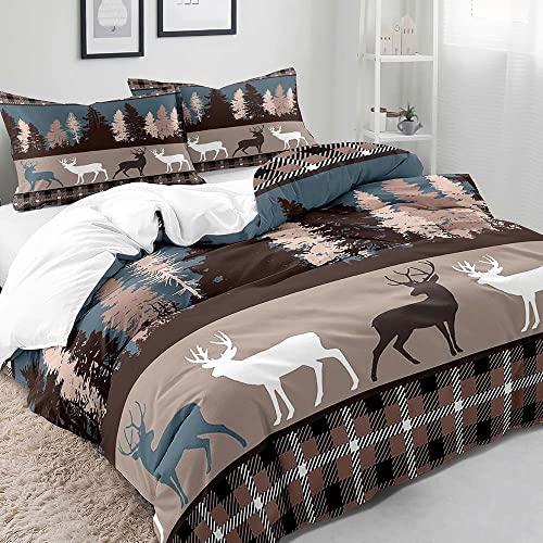 Luvivihome 3Pcs Deer Duvet Cover, King Duvet Cover, Cabin Rustic Bedding, Country Farmhouse Bedding, Forest Animal Elk Moose Lodge Quilt Bedspread Buffalo Check Plaid Comforter Cover, 2 Pillow Shams #TOP2