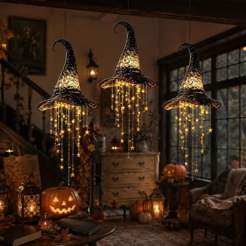 Lighted Witch Hat Hanging Chime, Glowing Star Tassel Halloween Decor