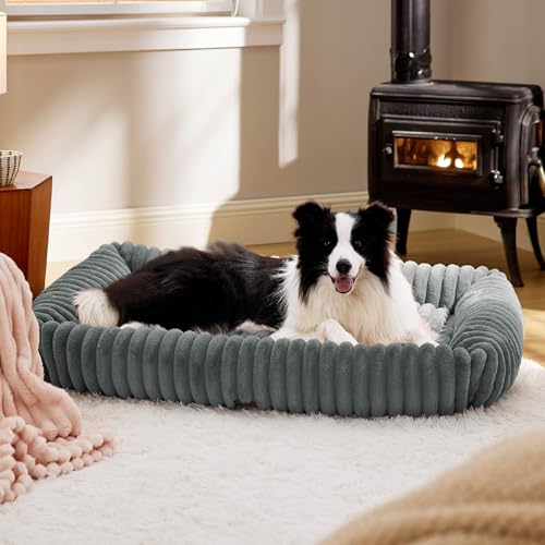 Image of Bedsure ComfyFleece Cute XL Dog Beds for Extra Large Dogs,43in Warm Grey | Furry Cute Rectangle Big Pet Beds,Washable Aesthetic,Orthopedic Corduroy Fleece,Jumbo Removable Zipper Cover,Up to 90 Lbs