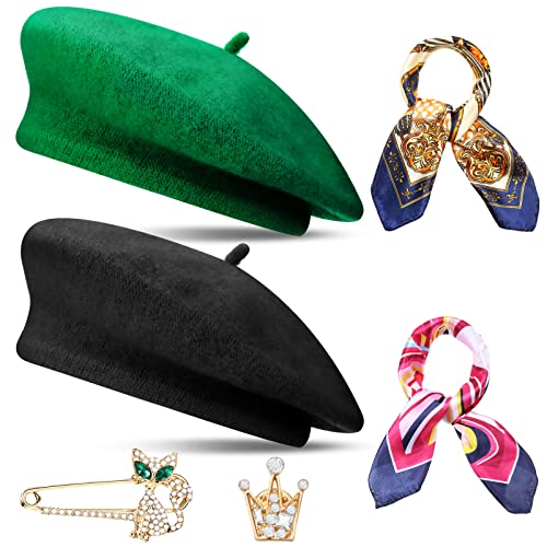 SATINIOR 6 Pieces Wool Beret Hat Solid Color French Beanie Hat with Silky Scarf Brooch, Grass Green, Black, M