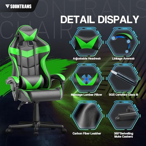 image for Soontrans Green Gaming Chair with Massage,Racing Gamer Chair for Teens