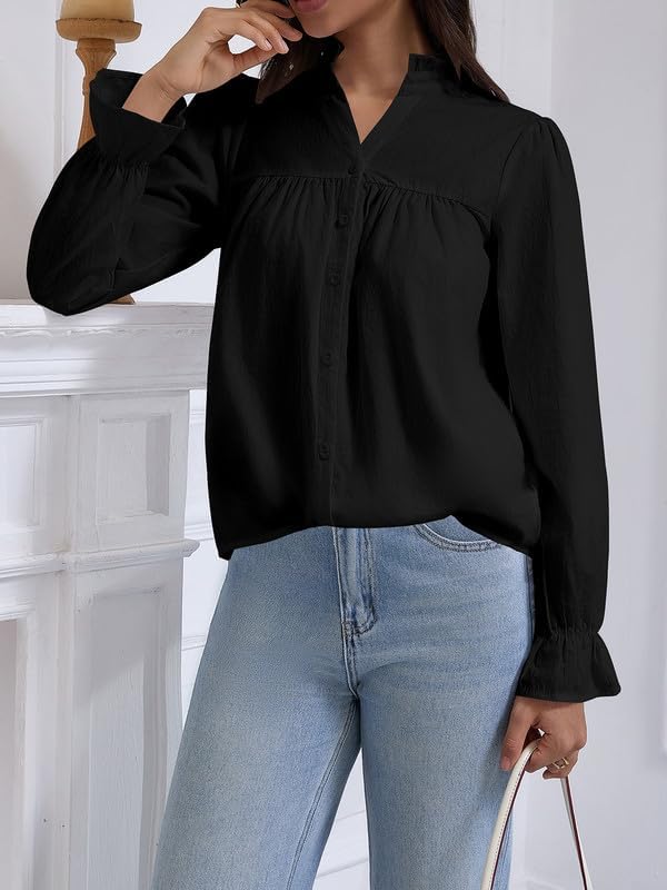 Womens Button Down Long Sleeve Fall Tops Pleated Dressy Work Babydoll Peplum Ruffle Blouse Shirt - Image 5