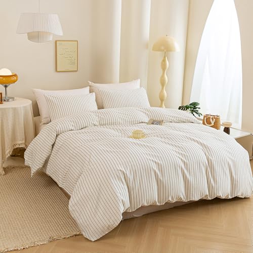 Image of ECOCOTT Stripe Duvet Cover King Size, 100% Washed Cotton Linen Feel Pinstripe Bedding Set - 3pcs Soft Breathable Vertical Striped Comforter Cover with White and Grey Stripes