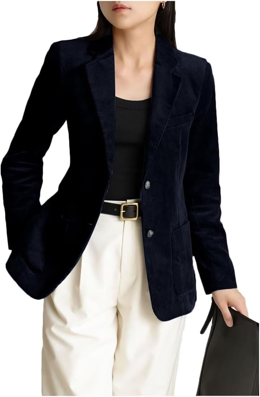 Womens Slim Fit Corduroy Stripes Blazer Jacket Single Breasted Long Sleeve Work Office Coat with Pockets