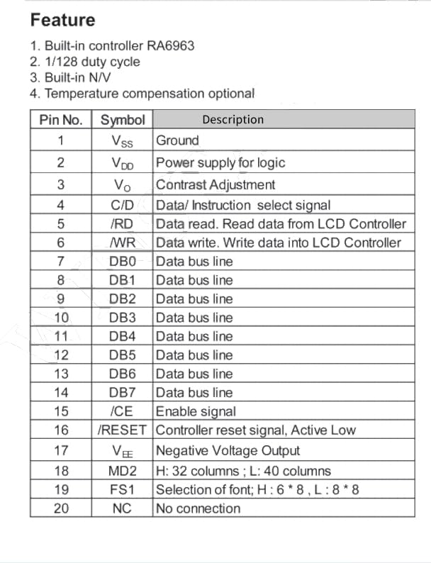WG240128B 240x128 Graphic LCD Display Module,5V,RA6963 Controller,20-Pin,No Soldering pin (WG240128B-YYH-VZ#)