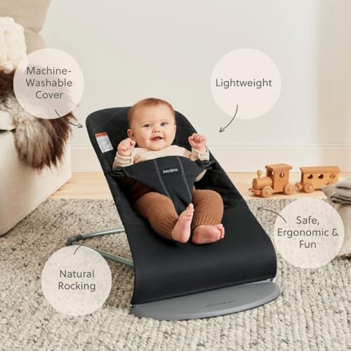 Image of BabyBjorn Bouncer Bliss, Black, Woven, Classic Quilt | 2-in-1 Adjustable Baby Bouncer Seat and Toddler Chair, Newborn to Toddler (8-29 lbs), 4 Positions, Lightweight & Portable