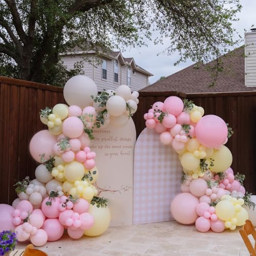 Image of Pink and Yellow Balloon Arch Kit with 3 Bobo Balloons 139 Pcs Pastel Pink Light Yellow Sand White Latex Balloons for Birthday Baby Shower Bridal Shower Wedding Bear Theme Party Decorations for Girl