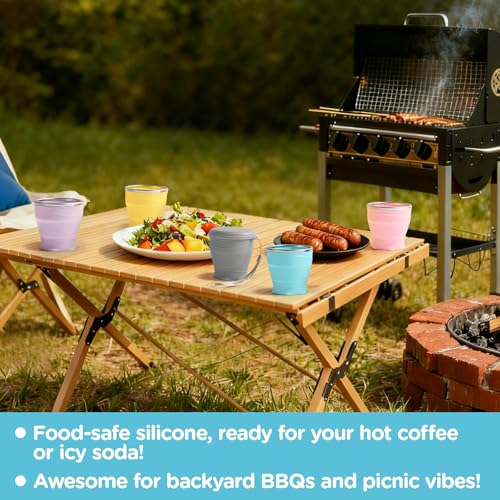 Bidponds 260ml Faltbarer Silikonbecher mit Deckel, BPA-frei, 304 Edelstahlrand, tragbarer Becher für Reisen, Camping, Wandern, Outdoor-Sportarten (Hellviolett)