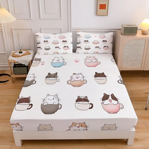 Sábana Ajustable 3 Piezas, Lindo Gato Taza De Café con Forma De Animal Estampado, Beige Sábana Ajustable Suave Lavable Máquina, 90X190Cm Microfibra Fácil Cuidado para Adolescentes