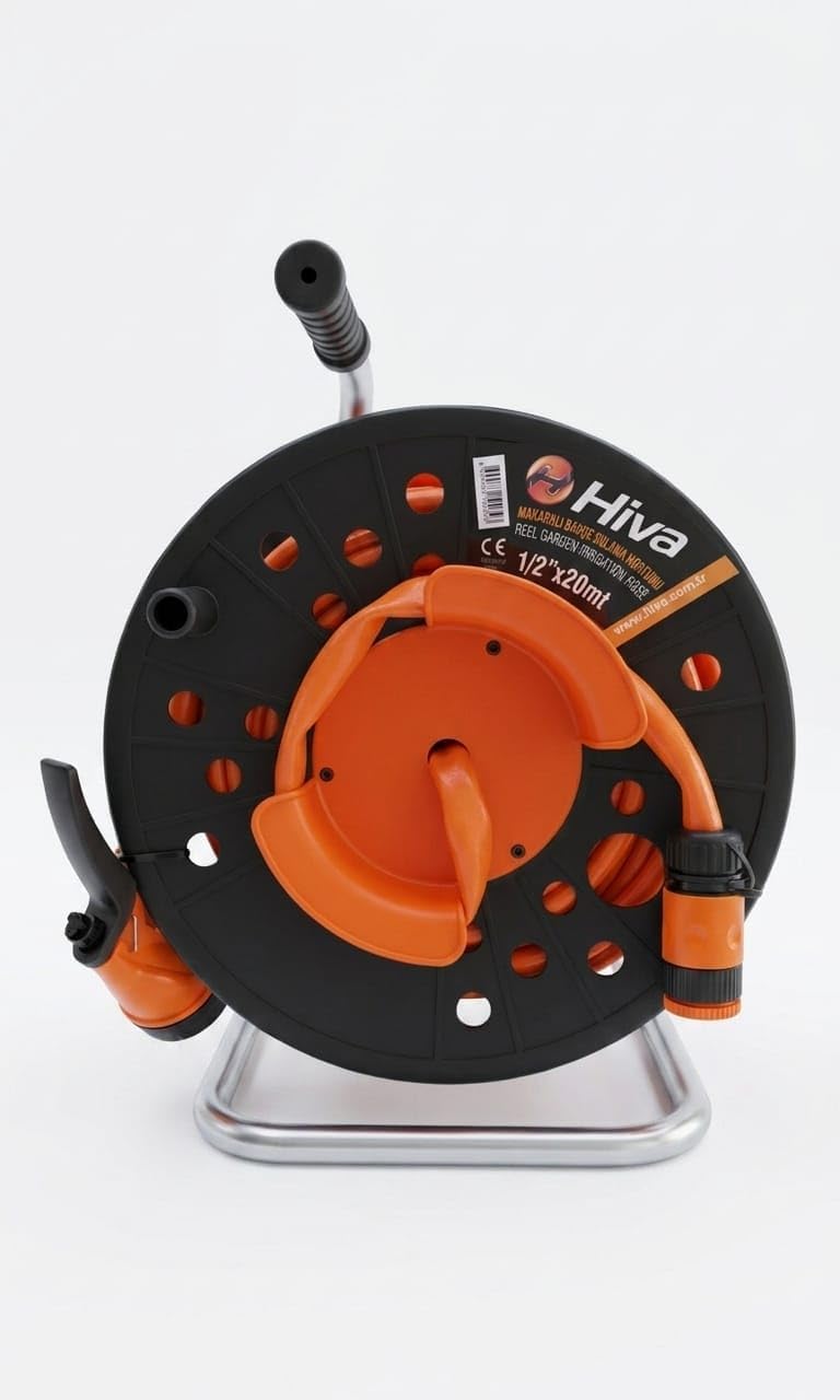 Hiva Makaralı Bahçe Sulama Hortumu Seti 20 Metre 1/2 inç - 5 Fonksiyonlu Püskürtme Tabancalı Taşınabilir Hortum Sarıcı Makara, Dayanıklı Bahçe Yıkama Çim Sulama Hortumu Seti