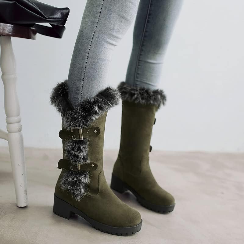 CROSSBABY Women Winter Real Fur Rabbit Boots Metal Buckle Comfy Warm Mid-Calf High Snow Boots, Suede Quilted Comfortable Winter Boot