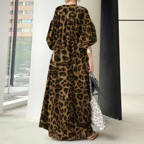 chouyatou Women Summer Casual Lantern Sleeve Floral Shift Dress Leopard Print Loose Maxi Long Shirt Dress3