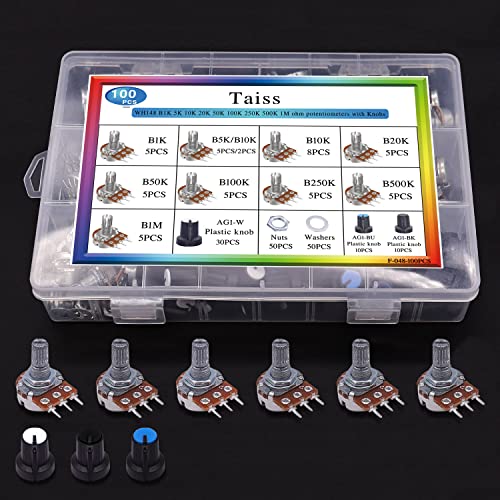 Taiss 100Pcs Potentiometer Kit,Wh148 B1K 5K 10K 20K 50K 100K 250K 500K 1M Ohm Potentiometers,Potentiometer Assortment,Single Linear Taper Potentiometer 3 Terminal With Knobs,Nuts And Washers #TOP5