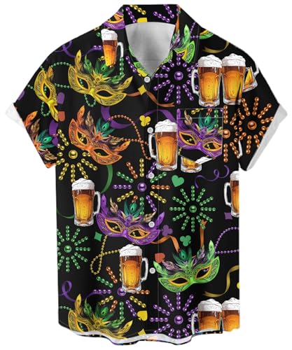 Purple Mardi Gras Shirt for Men Button Down Short Sleeve Hawaiian Shirts