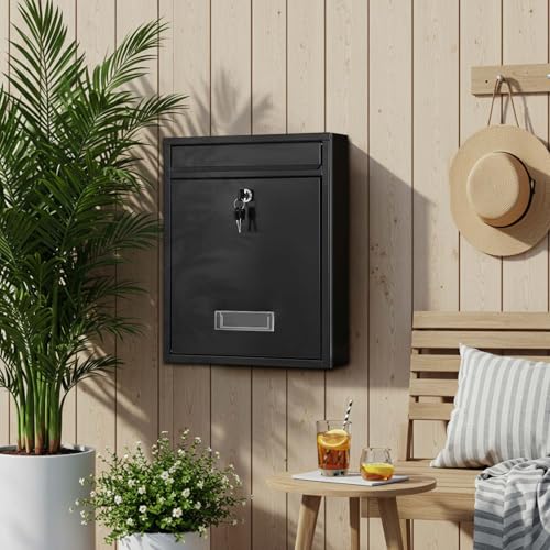 Image of Yaocom Wall Mount Mailboxes for Outside 15.8 x 11 x 4.7 Inches Large Vertical Mailbox with Key Locking Outdoor Metal Steel Mail Drop Security Hanging Secure Postbox for Home Office School, Black