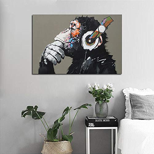 Large Size Canvas Wall Art Graffiti Animal Picture For Bedroom Kids Room Black Gorilla Canvas Printed Painting Modern Funny Thinking Monkey With Headphone Wall Art For Living Room Decor Ready To Hang #TOP4