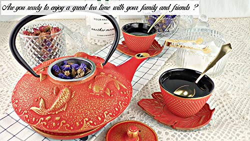 Kiyoshi Luxury 7Pc Japanese Tea Set."Red Koi" Cast Iron Tea Pot With 2 Tea Cups, 2 Saucers, Loose Leaf Tea Infuser And Teapot Trivet. Ceremonial Matcha Accessories #TOP1