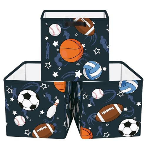 Clastyle Juego de 3 Caja Almacenaje Tela Pelota Deportiva Cestas Almacenaje Ropa Padres y Madres para Juguetes Cestas Organizadoras Plegable para Armarios, Baloncesto, 30x30x30 cm
