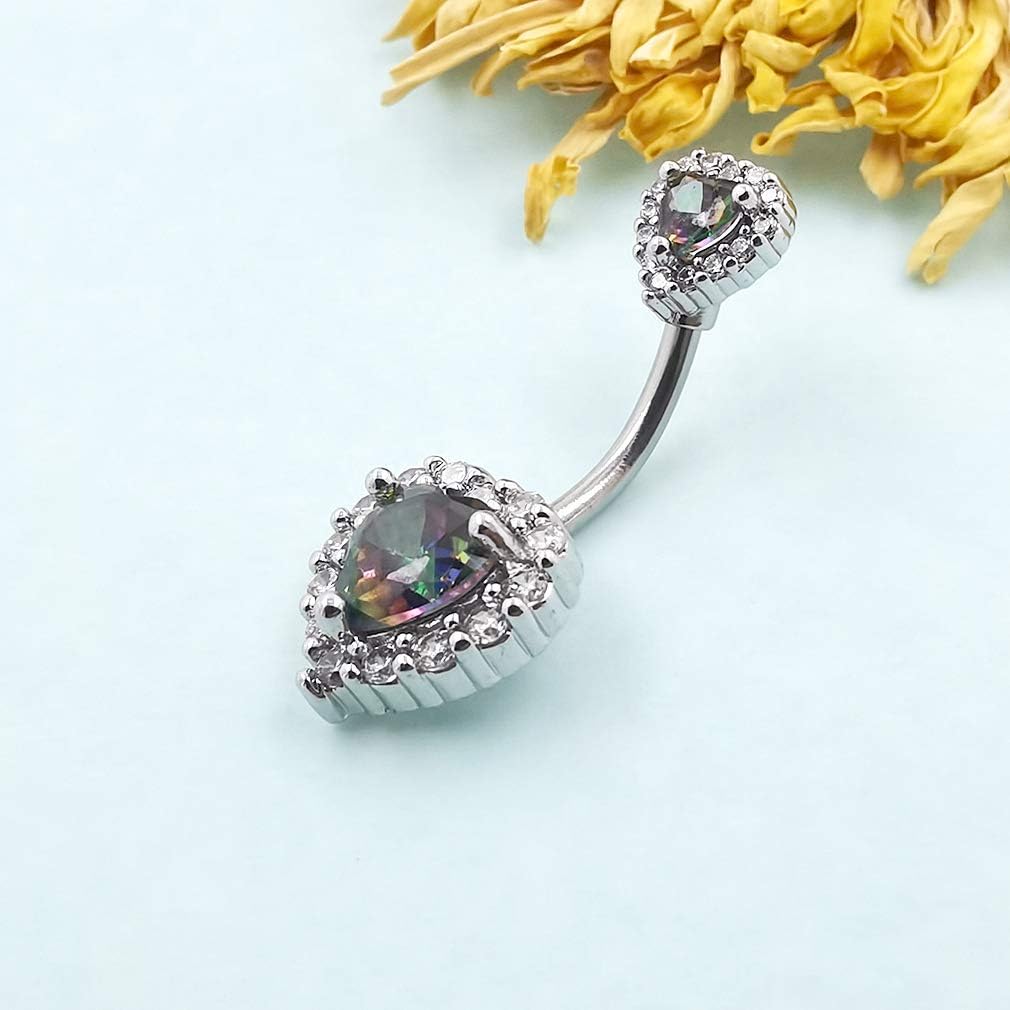 Excepro 14G(1.6mm) Double Heart Cubic Zirconia Navel Belly Button Ring 316L Stainless Steel Bar Piercing Jewelry - Image 3