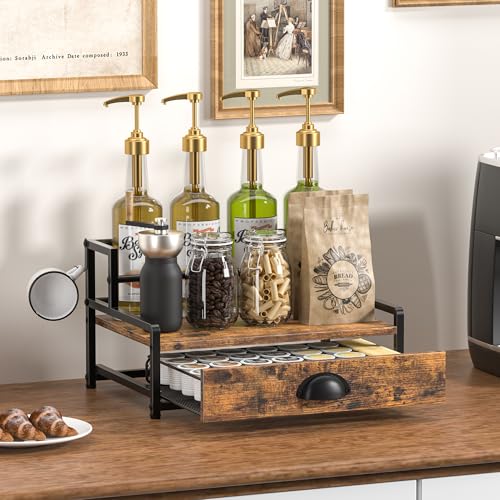 Vantimo Coffee Syrup Rack Organizer, 2 Tier Countertop Storage Shelves with 35 K Cup Drawer, 8 Syrup Bottle Stand Holder for Wine, Kitchen Coffee Station Organizer Rack, Rustic Brown by Vantimo - Image 2