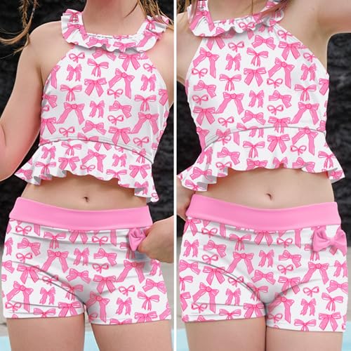 Image of CHILDRENSTAR Little Girls Tankini Swimsuit 2 Pieces Bathing Suit for Kids | Quick-Dry Cross-Back Adjustable Ruffles with Bow Decor Swimming Tankini and Short For Beach and Pool