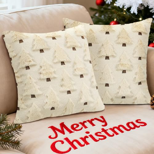 Feagar Christmas Pillow Covers 18x18 2-Pack, Xmas Decorations Soft Plush Faux Fur Wool Beige Christmas Tree Throw Pillow Cases Holiday Festivals Winter Home Decor for Sofa Bedroom Living Room