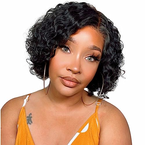 Wiger Short Lace Front Wigs Human Hair For Women Short Curly Bob Wig Black Wavy Lace Wig Black Pixie Cut Wig Brazilian Virgin Human Hair Curly Wigs 180% Density Side Part #TOP4