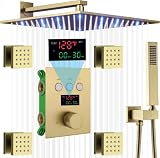 AYIVG Brushed Gold Shower Body Sprays System 12 Inch LED Wall Mounted Rain Shower Head System Digita