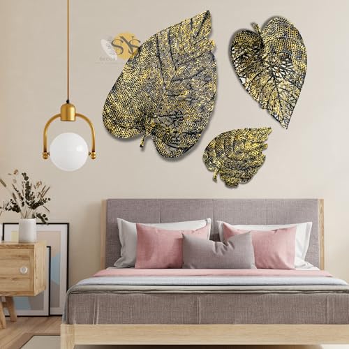 Image of SNS DECOR Luxury Metal Abstract Figures Leaf Wallart Set of 3 Handcrafted Wall Sculpture Wall Art Multicolor For Home Decoration (Black & Gold)