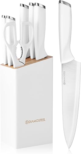 Juego de cuchillos blancos con bloque, juego de 7 piezas de bloque de cuchillos pequeños con hoja de acero inoxidable mango ergonómico, juego de