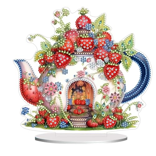 Generic 5D DIY Diamond Art Painting Desktop Animal Ornament - Strawberry Teapot House - Modern Vintage/Whimsical Art Craft Kit for Teen & Adult - Non-Foldable