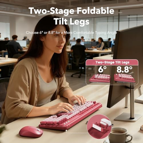 Image of Wireless Keyboard and Mouse Combo, Retro Round Keycaps, Full-Size Stylish Typewriter Keyboard with Large Phone /Tablet Holder, 3-Level DPI Ergonomic Mouse, 2.4GHz Cordless for Windows PC, Rose Pink