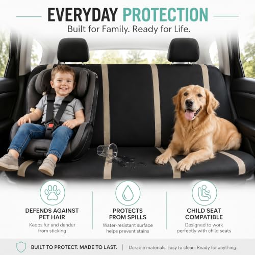 Image of FH Group Car Seat Covers Rear Set Cloth - Car Seat Covers with Removable Headrest,Universal Fit,Automotive SeatCovers,Washable Car SeatCover for SUV,Sedan,Van Beige