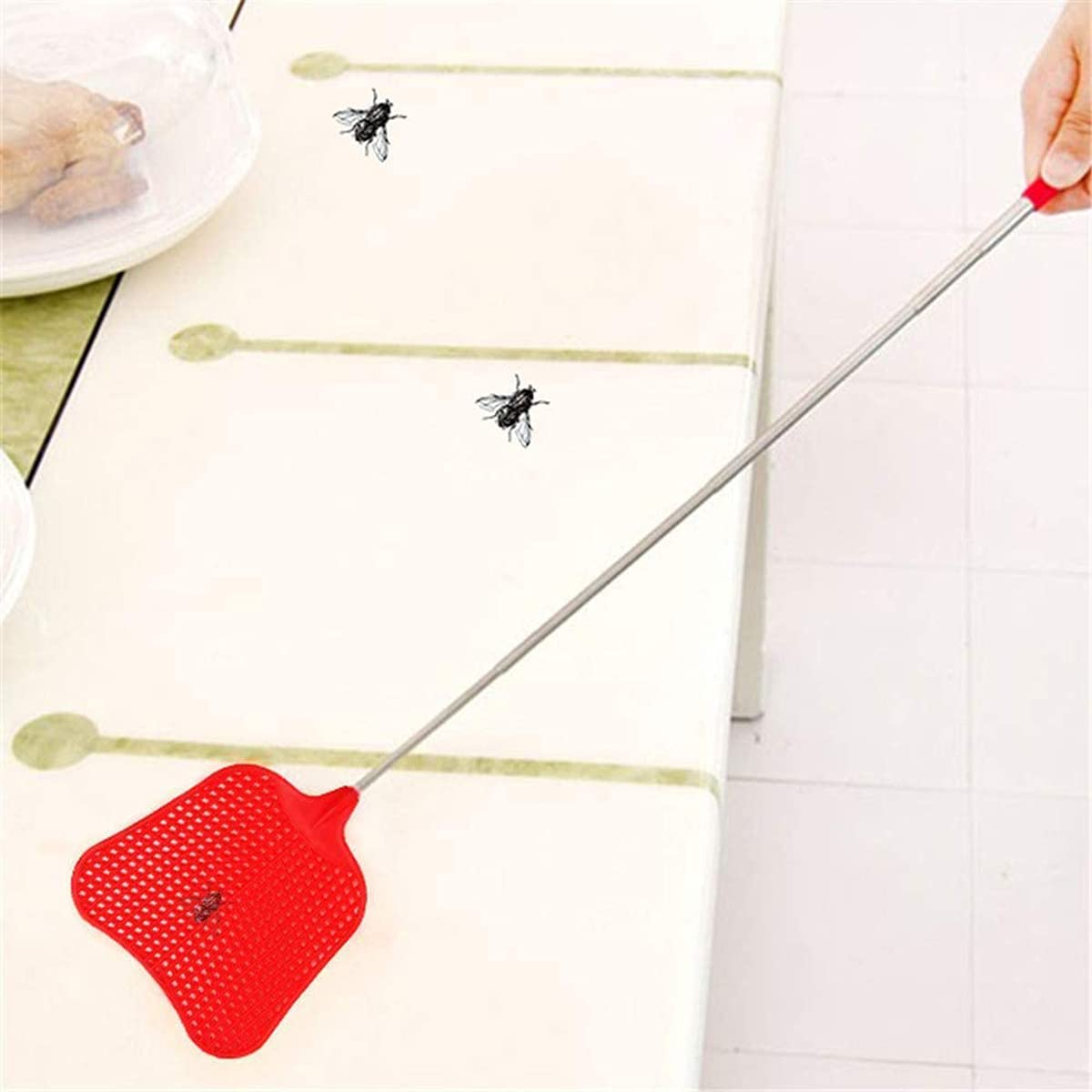 DELFINO Fly Swatters Extendable Plastic Telescopic Flyswatter Manual Retractable Durable Heavy Duty Set, Telescopic Flyswatter with Stainless Steel Handle for Indoor/Outdoor/Classroom/Office