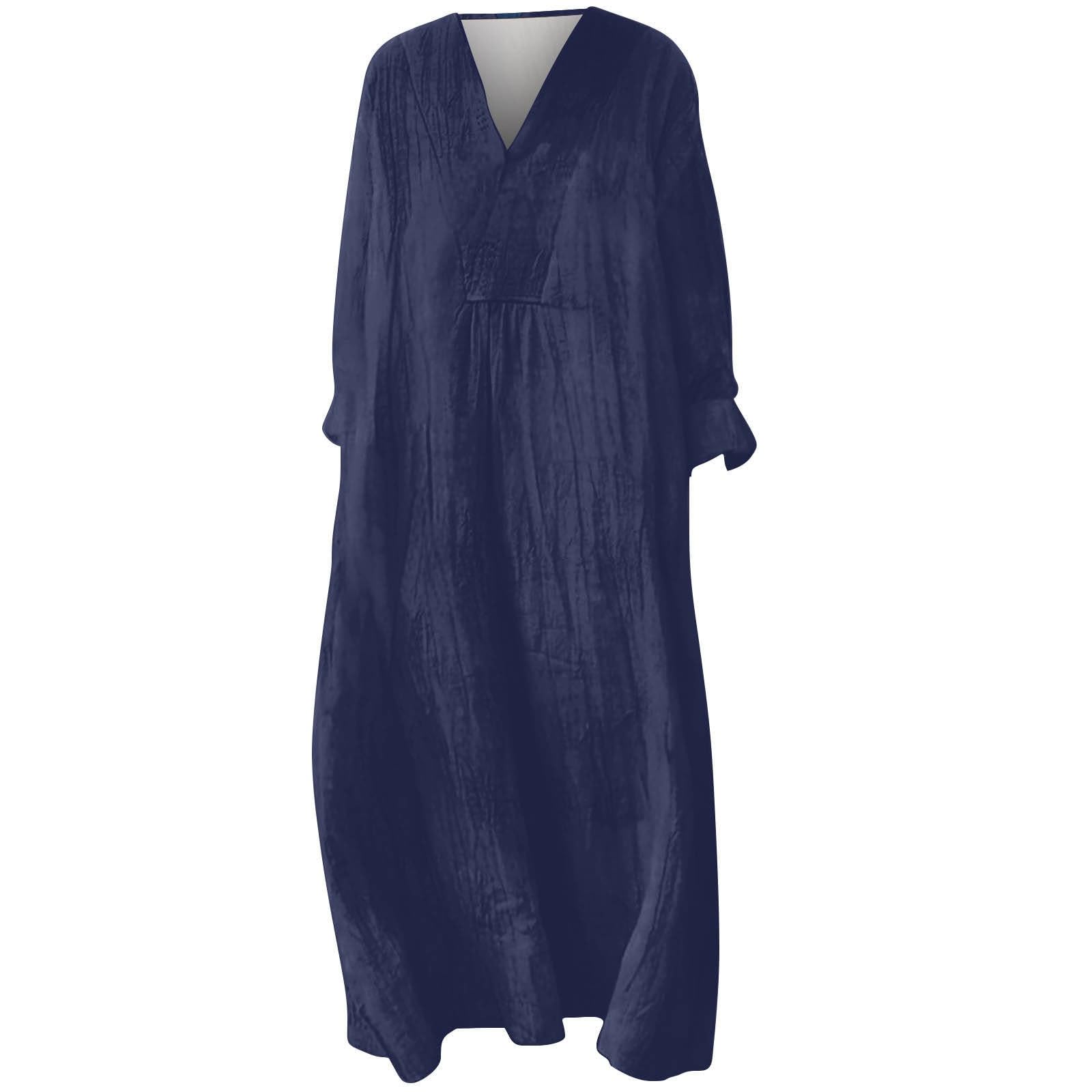 Robe longue d'été pour femme - Robe de nuit longue grande taille robe col en V couleur unie robe manches longues grandes tailles robes amples et respirantes vêtements décontractés élégantes jupe