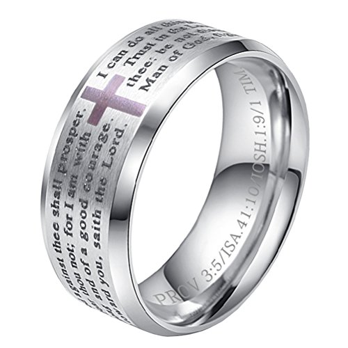 HIJONES Men's Stainless Steel Bible Verse Lord's Prayer Christian Cross God Ring Silver Size 8