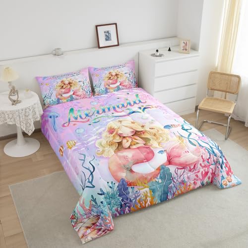 Edredón de sirena para niñas tamaño matrimonial con estampado de escamas de peces de arcoíris 4