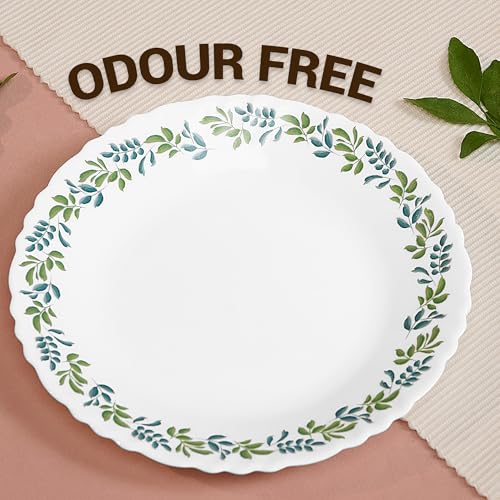 Image of Treo By Milton Opalware Aurelia Verdinia Dinner Set of 13 | Serving for 4 | Microwave & Dishwasher Safe | Bone-Ash Free | Tempered Toughness | Plates & Bowls | Crockery Set for Dining & Gifting |White