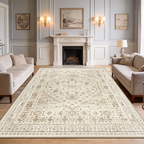 Capslpad Washable Rugs Living Room 200x300cm Distressed Vintage Area Rugs Non-Slip Traditional Oriental Bedroom Carpet Low Pile Thin Floor Mat Rug for Dining Room Kitchen Office Decor, Beige