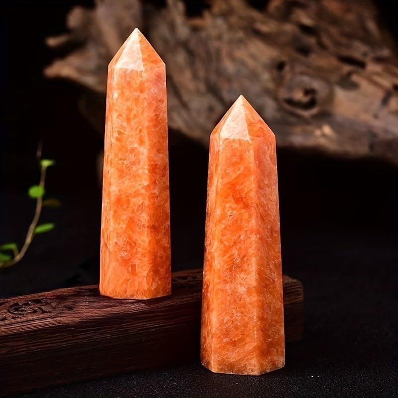 Natural Sunstone Hexagonal Prism Point & Orange Moonstone Single Poin | Genuine Raw Stone Home Decor Set, Healing Crystal Obelisk for Meditation, Reiki, Spiritual Gift