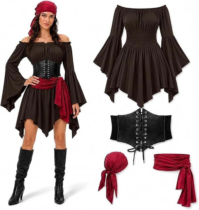 Women Medieval Short Dress Off Shoulder Pirate Flared Sleeve Dress Set