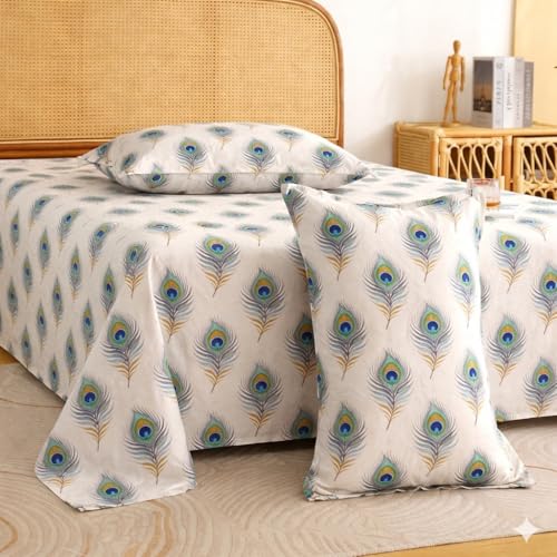 Image of Castiqa Elastic Fitted Supersoft Premium Polycotton 200TC Super King Size 108x108Inch Jointless Bedsheet with 2 Pillow Covers (Pankh, Super King 108x108inch (12 inch Mattress))