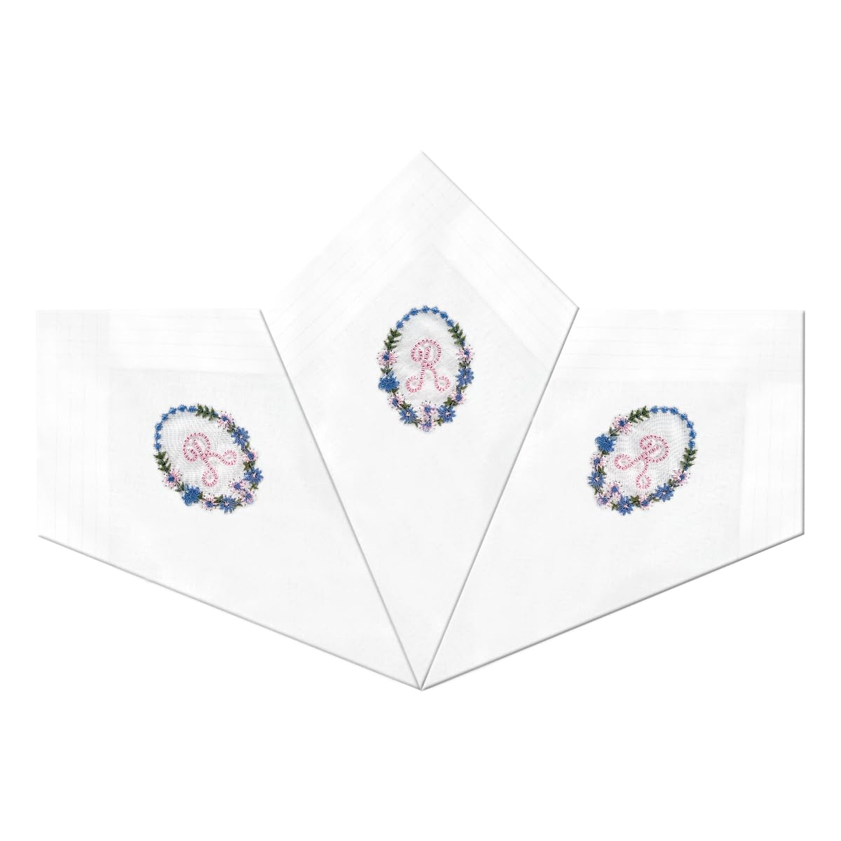 Warwick & Vance Women's White 3 Pack Of / Satin Bordered Handkerchiefs With Floral Embroidered Initials, Letter R