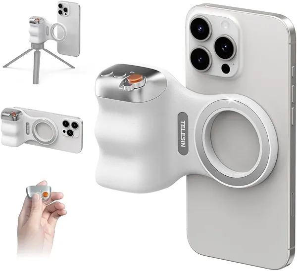 TELESIN Fun Shot Magnetic Phone Camera DSLR Style Shutter Grip for iPhone & Android with Detachable Wireless Shutter Button - 1/4" Screw - Comfort Ergonomic Camera Grip Handle Holder
