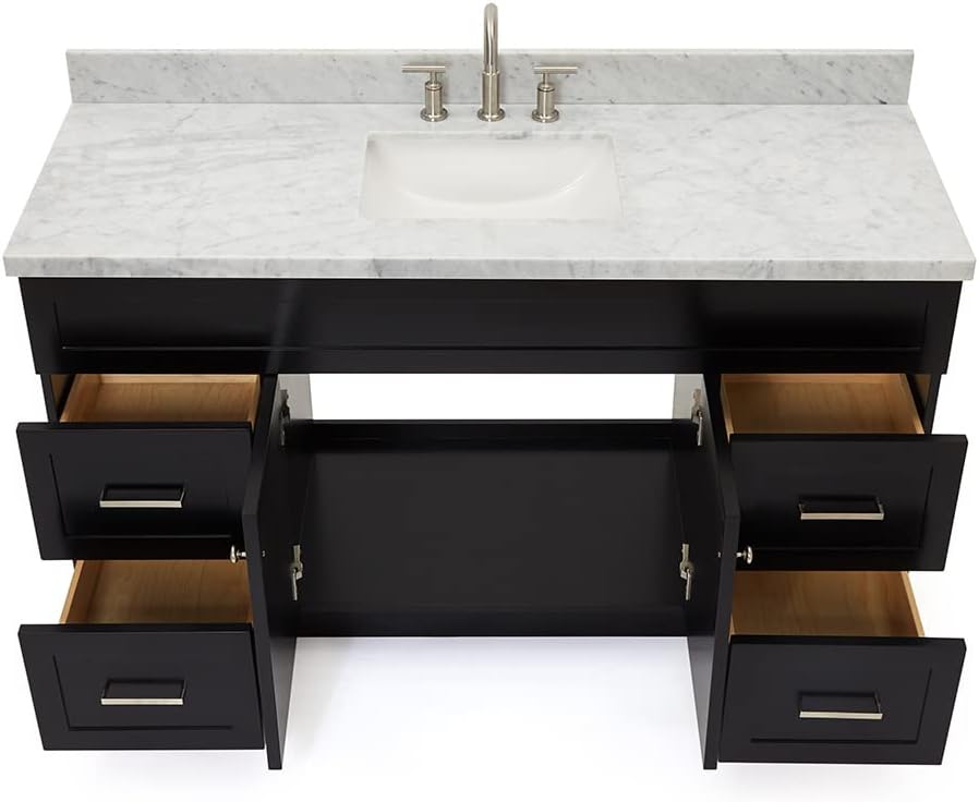 DKB Bradford 60 Inch Bathroom Vanity Single Sink — Black Bathroom Vanity with Sink, 1.5" Edge Italian Carrara Marble Countertop, Solid Wood, 2 Soft-Close Doors, 4 Dovetail Drawers