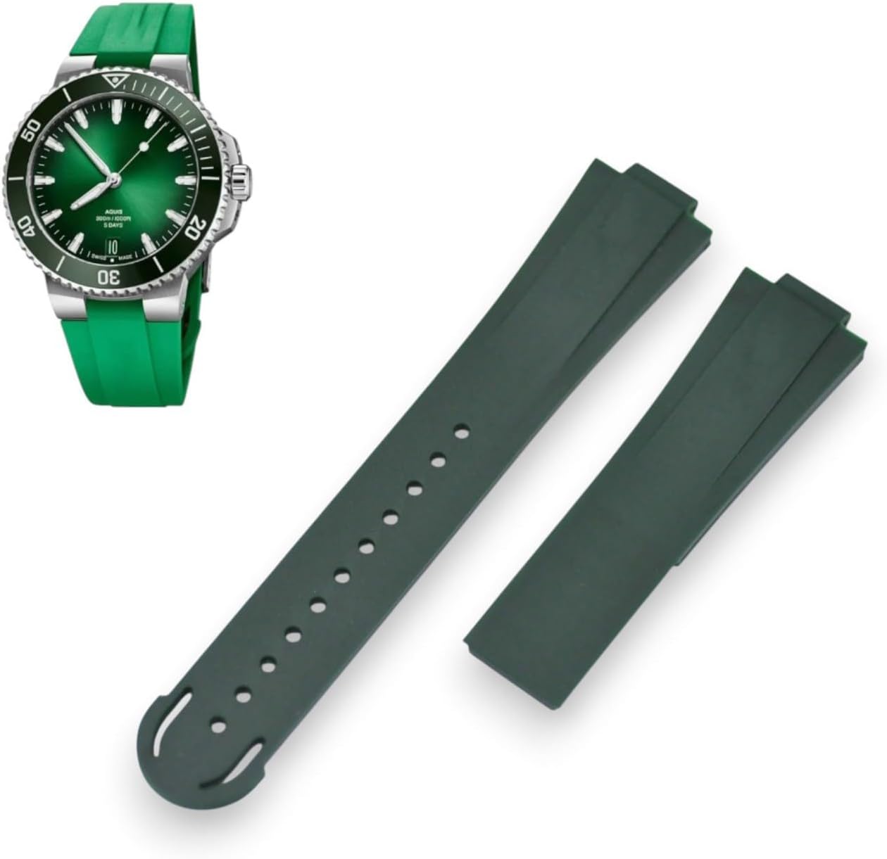 43.5mm Case Aquis Date 7790 23mm Green Rubber Watch Strap – Compatible with Oris