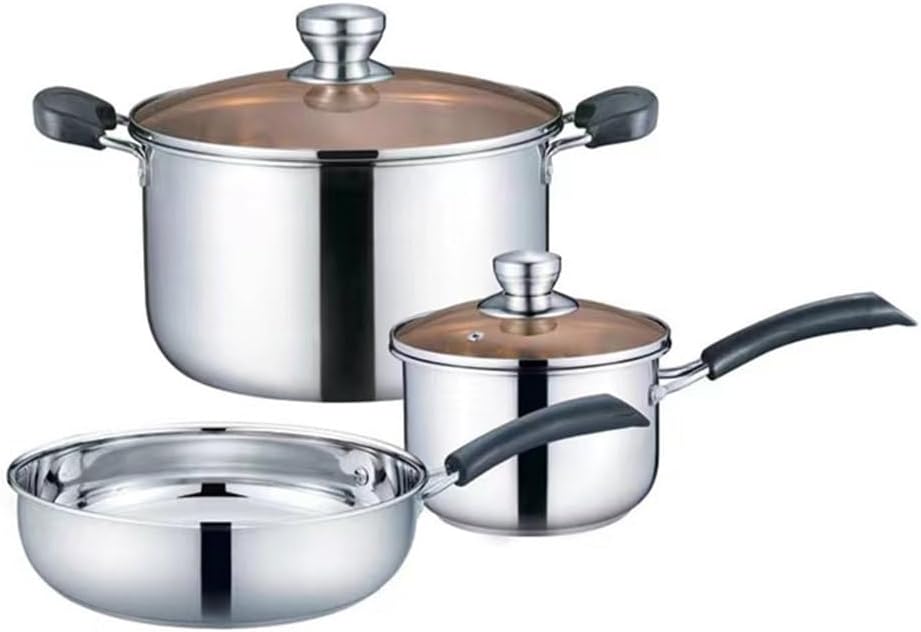 AIZYR Stainless Steel Cookware Set, Pots and Pans Set with Glass Lids, Cooking Set Includes Milk Pot, Soup Pot & Frying Pan