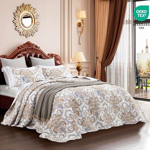 Image of CHIXIN Oversized King Bedspread 128x120 Extra Wide - European Damask Paisley Pattern - Classic & Gorgeous Bedding Cover, Lightweight, Ultra Soft, 5 Piece, 100% Microfiber, White /Khaki /Grey